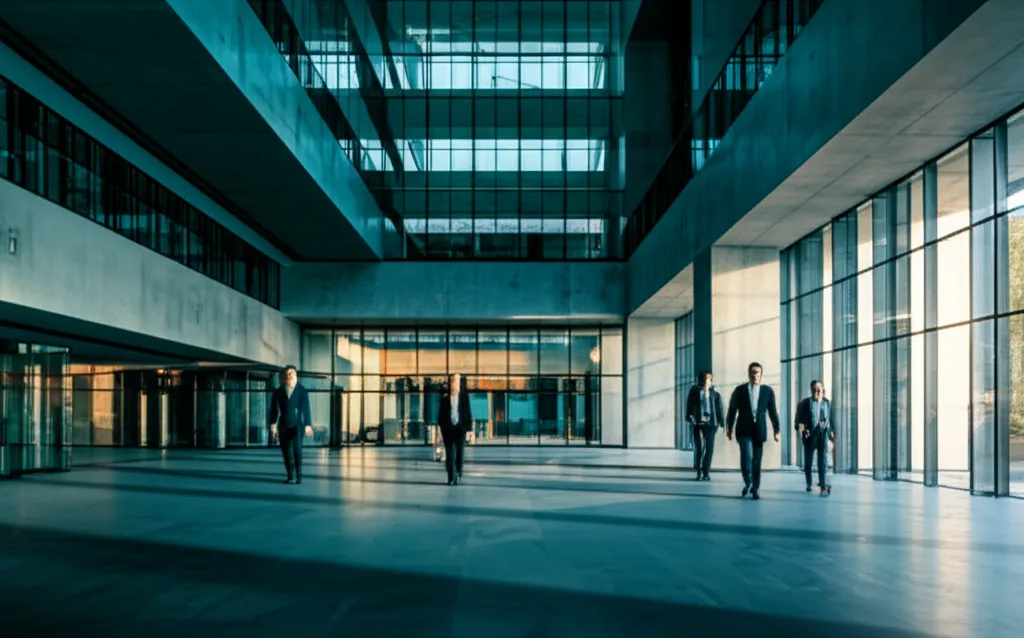 不動産投資 金利上昇対策｜2026年に勝つ「与信」戦略3選 - ガラス張りのオフィスビルのロビー、スーツ姿のビジネスマンが歩く様子