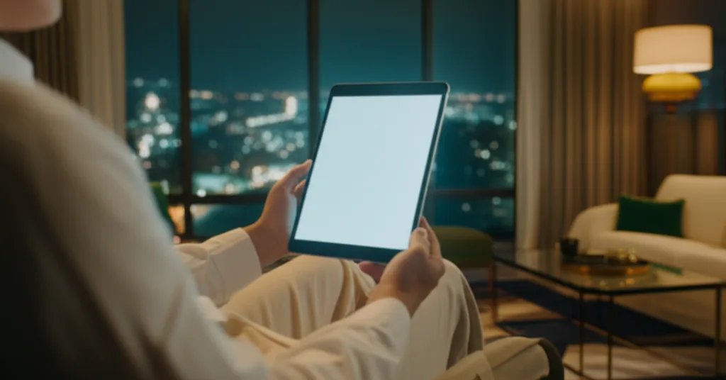 不動産投資 福岡|会社員の与信で5年FIRE、新築アパート融資戦略の全貌 - 夜景を望む高層マンションのリビングで、タブレットを操作しながら資産状況を確認するビジネスパーソン