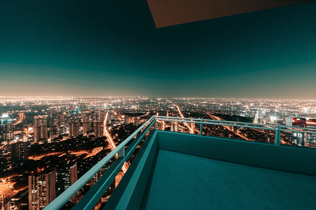 不動産投資 金利上昇対策｜2026年に勝つ「与信」戦略3選 - 都市の夜景を背景に、高層マンションのバルコニーから見下ろす視点