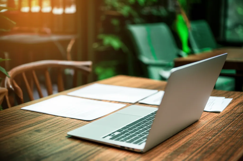 不動産投資 福岡|会社員の与信で5年FIRE、新築アパート融資戦略の全貌 - 朝日が差し込む静かなカフェで、ノートパソコンと資料を広げて計画を立てるビジネスパーソン