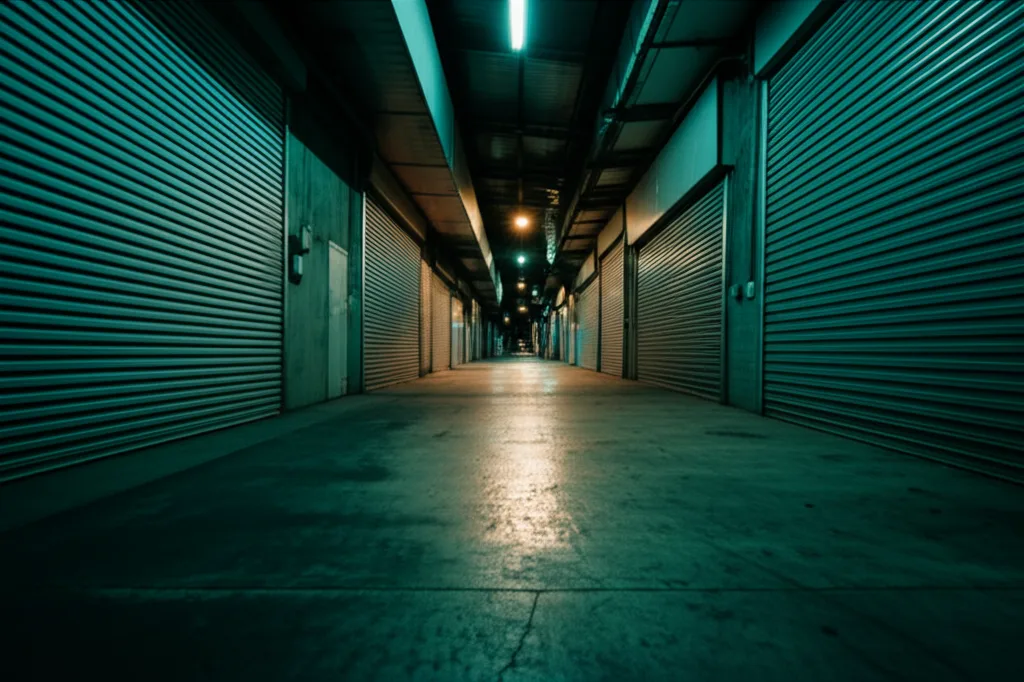 不動産投資 金利上昇対策｜2026年に勝つ「与信」戦略3選 - 閑散とした商業地の路地、シャッターが降りた店舗が続く夜の街並み