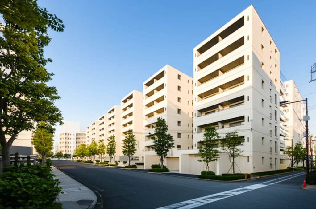 不動産投資 福岡|会社員の与信で5年FIRE、新築アパート融資戦略の全貌 - 福岡市内の住宅街、整然と並ぶ新築アパートと青空、静かな朝の風景