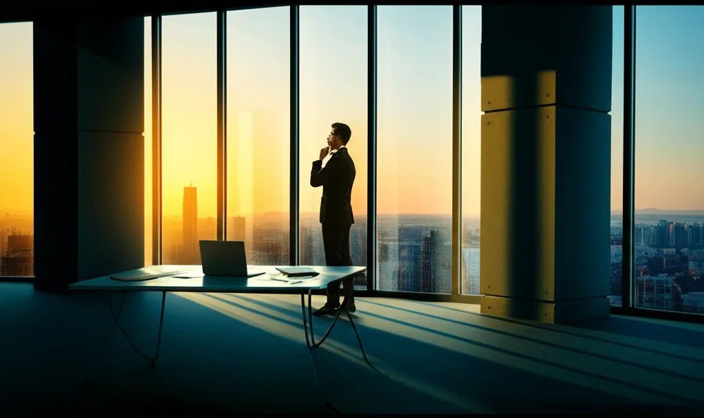 不動産投資 金利上昇対策｜2026年に勝つ「与信」戦略3選 - 朝日が差し込む明るいオフィスで、ノートパソコンと書類を前に考え込むビジネスマン