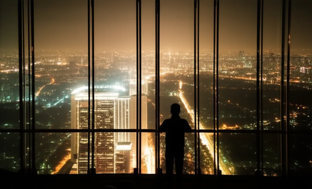 不動産投資 福岡|会社員の与信で5年FIRE、新築アパート融資戦略の全貌 - 福岡の都市夜景を一望できる高層ビルの展望スペース、輝く街並みを見渡す人物のシルエット