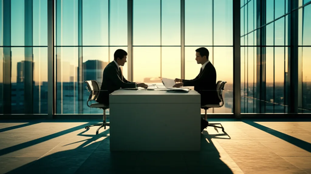 不動産投資融資の引き締め懸念|金融庁動向と高属性の戦略 - ガラス張りのオフィスで書類を確認する銀行員と、向かいに座るスーツ姿の男性