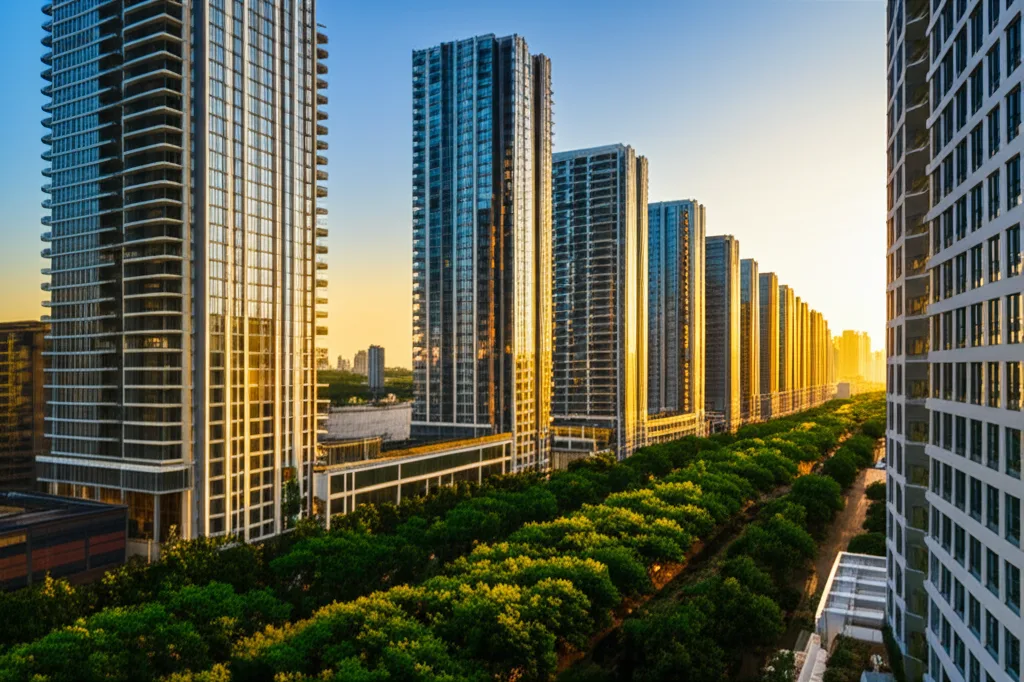 不動産投資融資の引き締め懸念|金融庁動向と高属性の戦略 - 朝の光が差し込む都心の高層マンション群、手前に緑の並木道