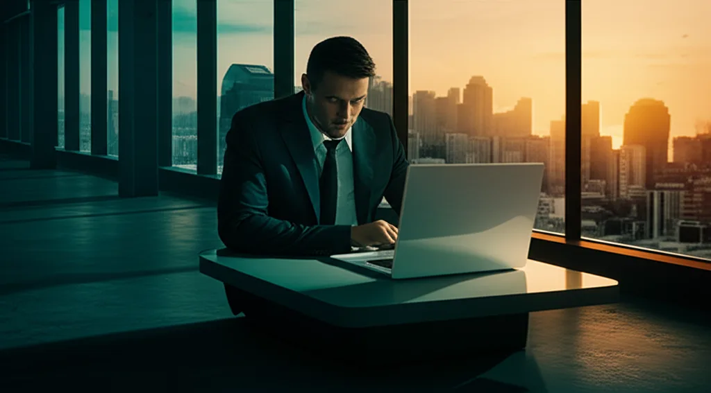 不動産投資融資の引き締め懸念|金融庁動向と高属性の戦略 - カフェのテーブルでノートパソコンと書類を広げ、真剣な表情で作業するスーツ姿の男性