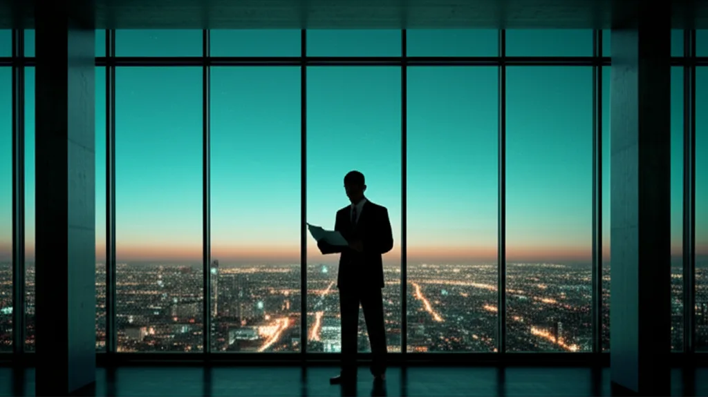不動産投資融資の引き締め懸念|金融庁動向と高属性の戦略 - 夜景を背景に、高層ビルのオフィスの窓際で資料を手に立つビジネスパーソンのシルエット