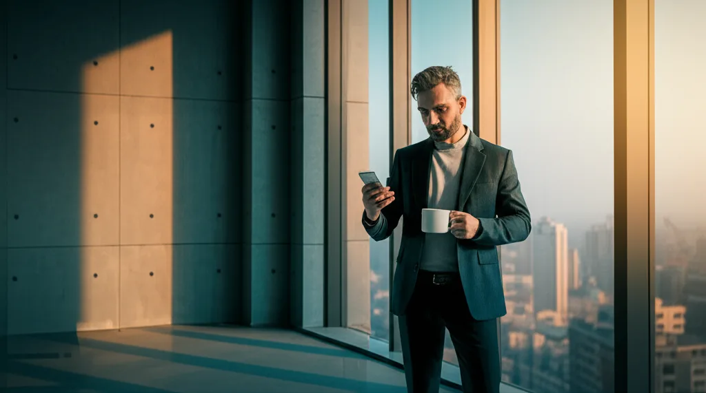 不動産投資融資の引き締め懸念|金融庁動向と高属性の戦略 - 朝日が差し込む明るいリビングで、コーヒーカップを手にスマートフォンを見る40代男性