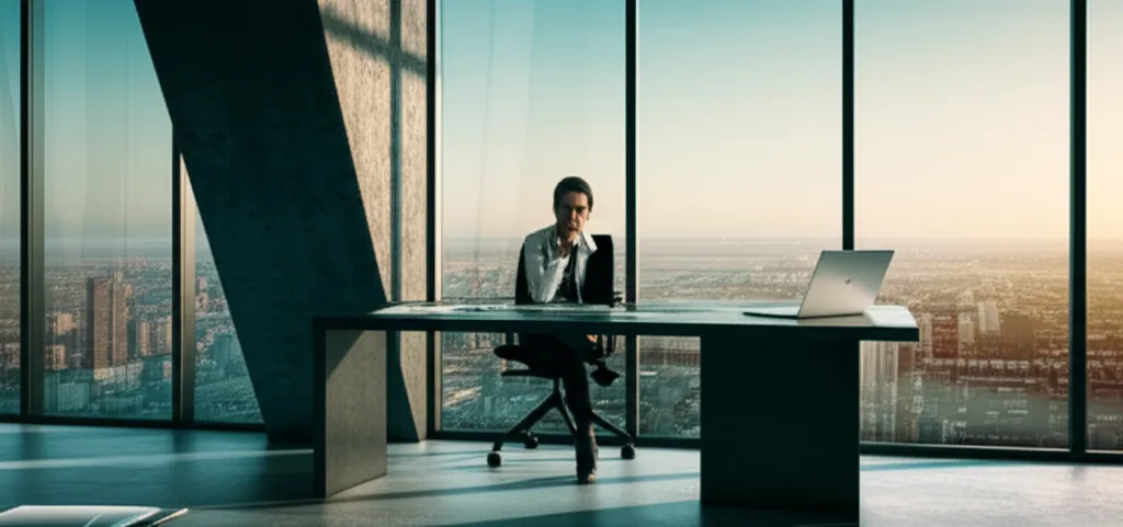 不動産投資 年収1000万の与信と借入可能額を徹底解説 - 金融機関の担当者がデスクでノートパソコンと資料を前に考え込んでいる場面