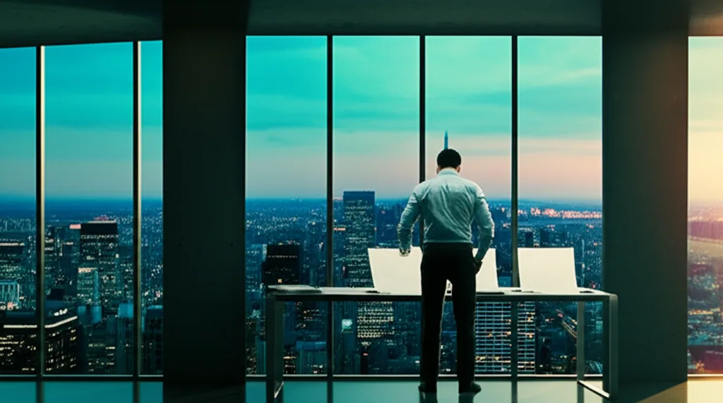 不動産投資 年収1000万の与信と借入可能額を徹底解説 - 夜景が見える高層ビルのオフィスで書類を広げるビジネスマンの後ろ姿