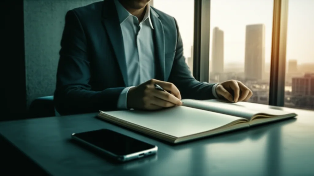 不動産投資 年収1000万の与信と借入可能額を徹底解説 - カフェのテーブルでスマートフォンと手帳を広げて資産計画を立てているスーツ姿の男性