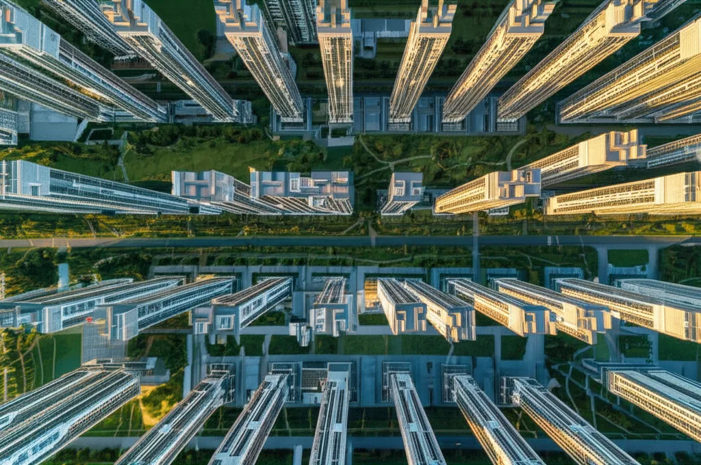 不動産投資 年収1000万の与信と借入可能額を徹底解説 - 都市の空撮写真、整然と並ぶマンション群と緑地が広がる俯瞰の風景