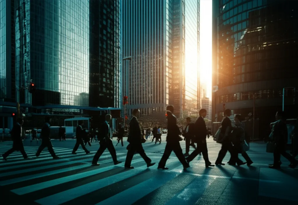不動産投資 年収1000万の与信と借入可能額を徹底解説 - 夕暮れ時の都心の交差点、行き交うビジネスパーソンたちのシルエット