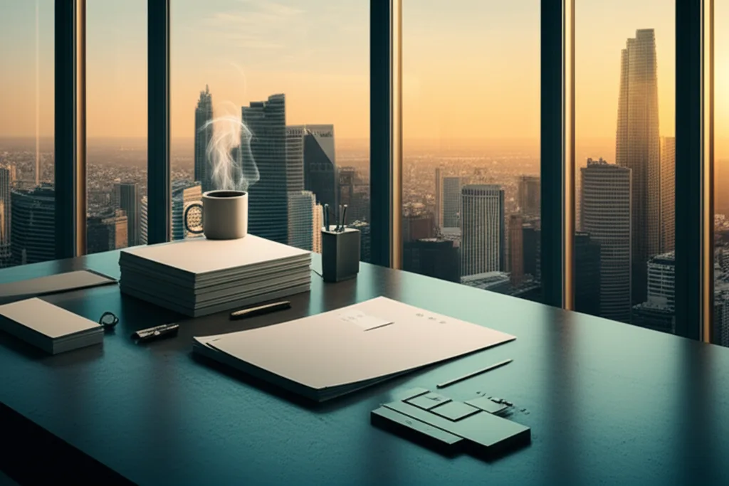 不動産投資の節税と融資、両立する戦略とは - デスクに広げた確定申告書類と電卓、コーヒーカップが置かれたホームオフィスの風景