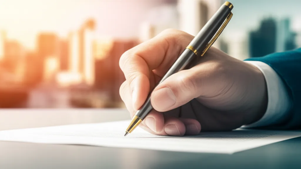 不動産投資の節税と融資、両立する戦略とは - 明るいオフィスで書類にサインするビジネスパーソンの手元のクローズアップ