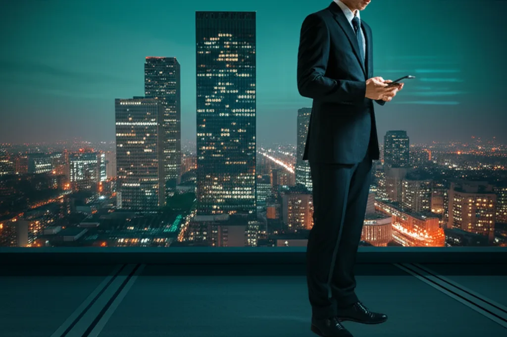不動産投資の節税と融資、両立する戦略とは - 高層ビルが立ち並ぶ都心の夜景を背景に、スマートフォンで資産管理アプリを操作するビジネスマン