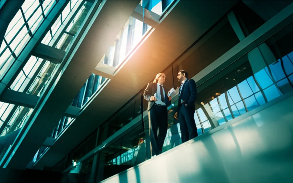 不動産投資の節税と融資、両立する戦略とは - 近代的なオフィスビルのエントランスホールで打ち合わせをする二人のビジネスパーソン