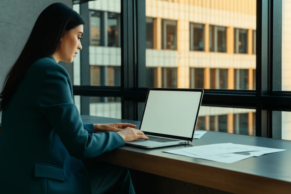 不動産投資の節税と融資、両立する戦略とは - カフェのテーブルでノートパソコンを開きながら資料を確認するスーツ姿の女性