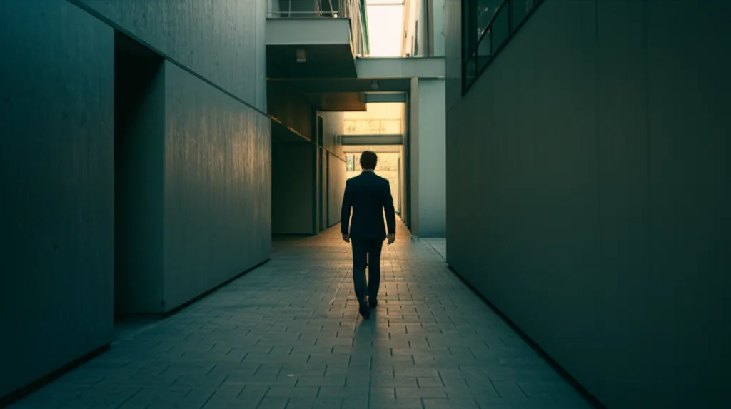 不動産投資の節税と融資、両立する戦略とは - 夕暮れ時の住宅街の路地を歩くスーツ姿のビジネスパーソンの後ろ姿