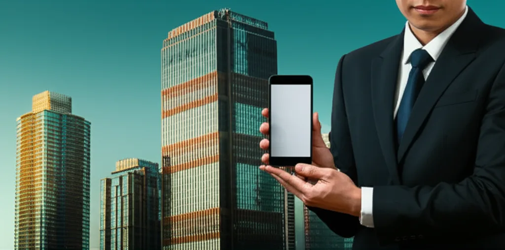 不動産投資の節税と融資、両立する戦略とは - 都心の高層マンション群と青空を背景に、余裕のある表情でスマートフォンを持つビジネスパーソン