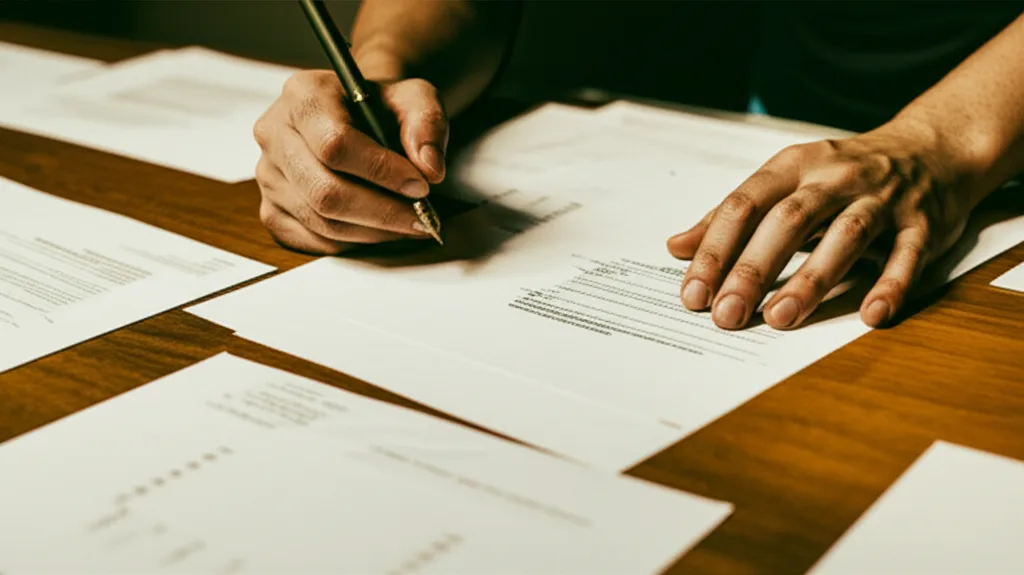 会社員の確定申告で税務署に狙われるNG経費とは - 書類が積み上げられたデスクの上でペンを持ち、何かを確認している男性の手元のクローズアップ