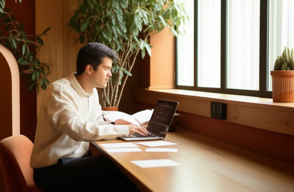 会社員の確定申告で税務署に狙われるNG経費とは - 明るいオフィスの窓際で、ノートパソコンを開きながら領収書の束を整理している30代男性