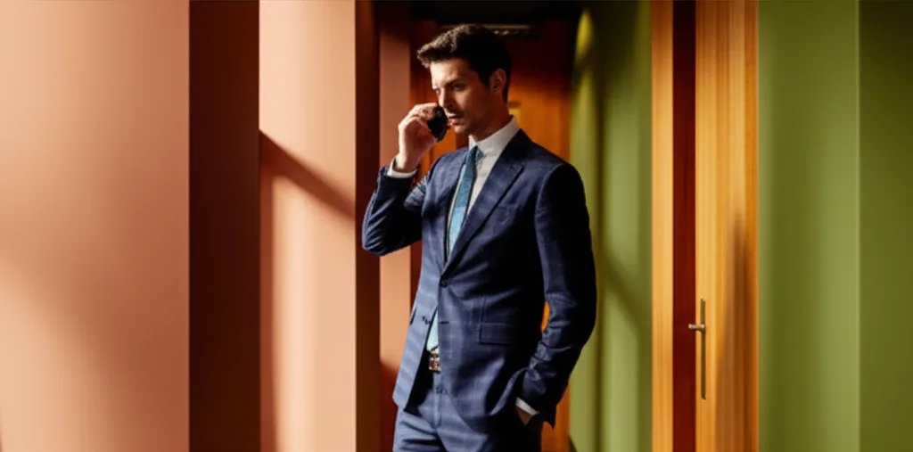 会社員の確定申告で税務署に狙われるNG経費とは - スーツ姿の男性がオフィスの廊下でスマートフォンを耳に当て、真剣な表情で話しているシーン