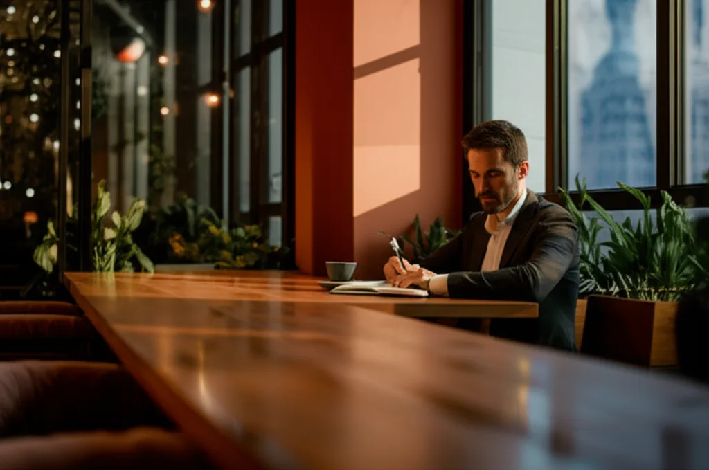 会社員の確定申告で税務署に狙われるNG経費とは - 夕暮れ時の都心のカフェで、ひとりコーヒーを前に書類を見つめて考え込んでいるスーツ姿の男性