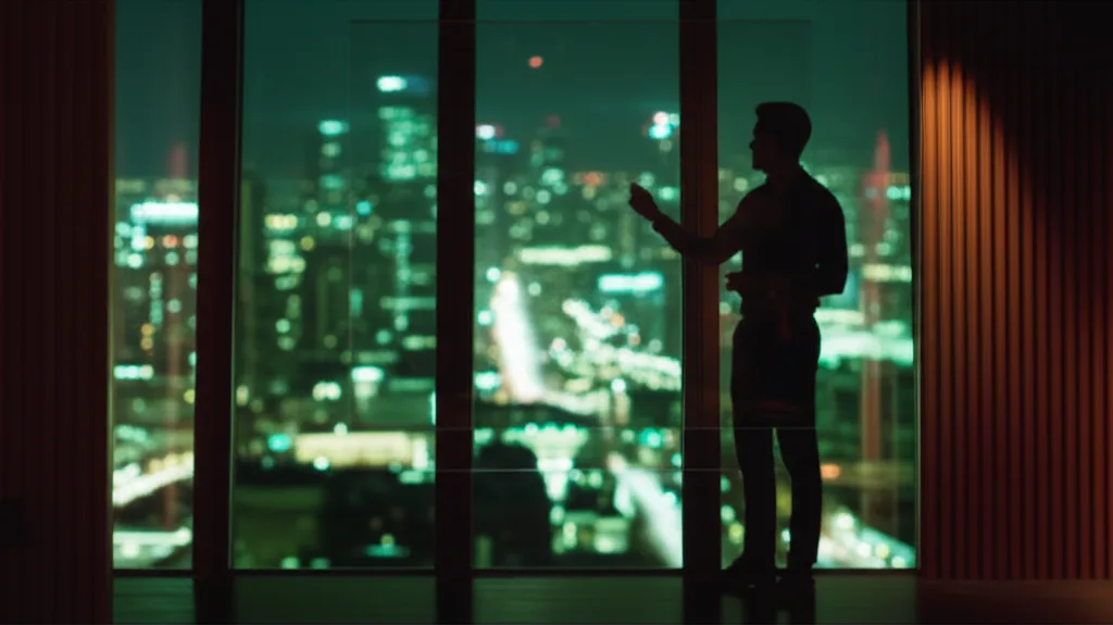 会社員の確定申告で税務署に狙われるNG経費とは - 夜景が広がる高層ビルのオフィスで、ホワイトボードの前に立ちながら何かを説明している男性のシルエット