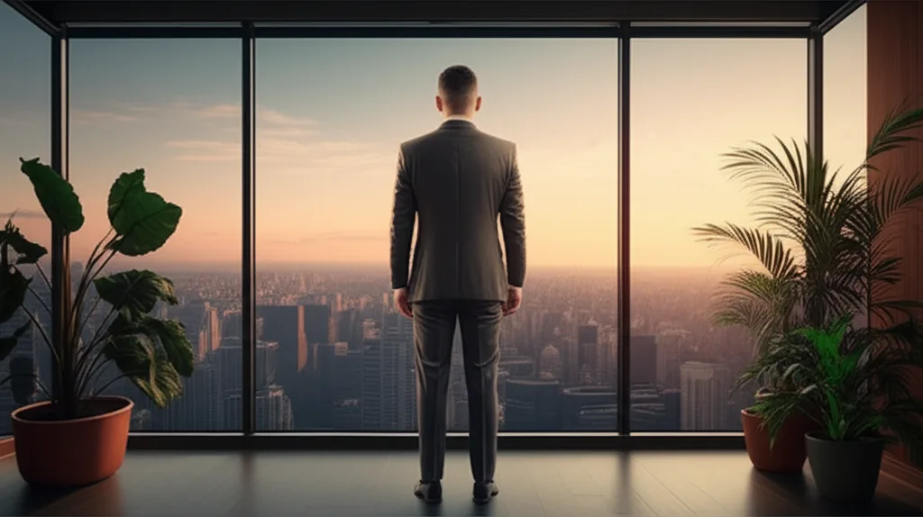 会社員の確定申告で税務署に狙われるNG経費とは - 都心の夕暮れ、高層ビルのガラス窓から外を見つめているスーツ姿のビジネスパーソンの後ろ姿