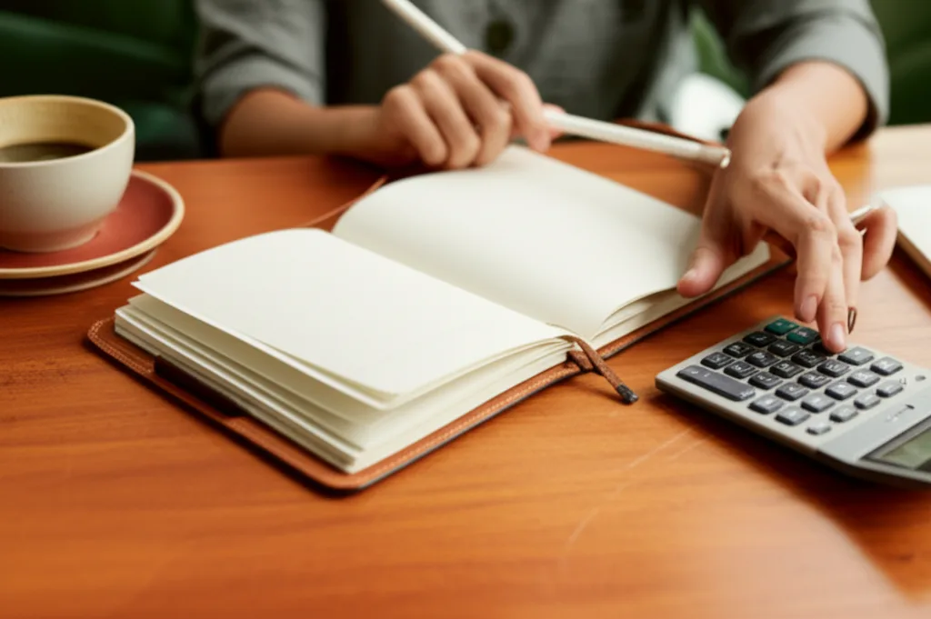 副業法人化で節税最大化｜損益分岐点と最適タイミング - カフェのテーブルで電卓と手帳を広げて計算するビジネスパーソン