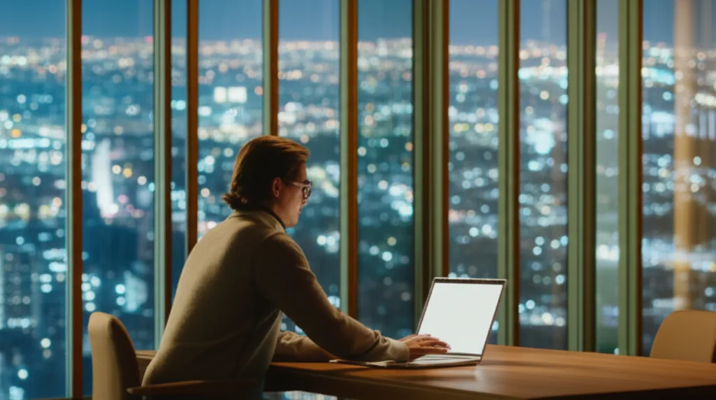 副業法人化で節税最大化｜損益分岐点と最適タイミング - 高層ビルのガラス張りオフィスで夜景を背景にノートPCを操作するビジネスマン