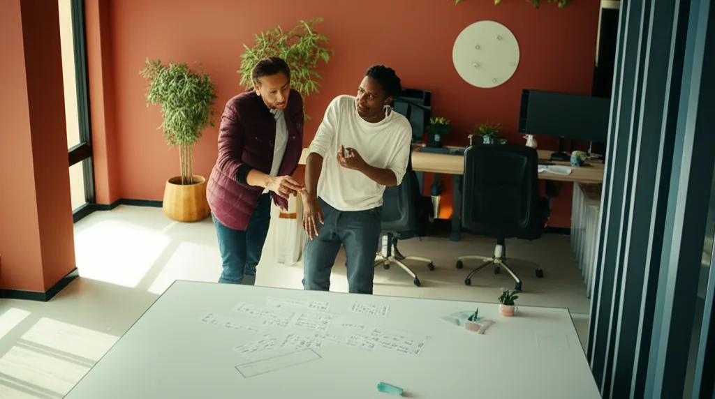 副業法人化で節税最大化｜損益分岐点と最適タイミング - 明るいコワーキングスペースでホワイトボードを前に打ち合わせする2人のビジネスパーソン