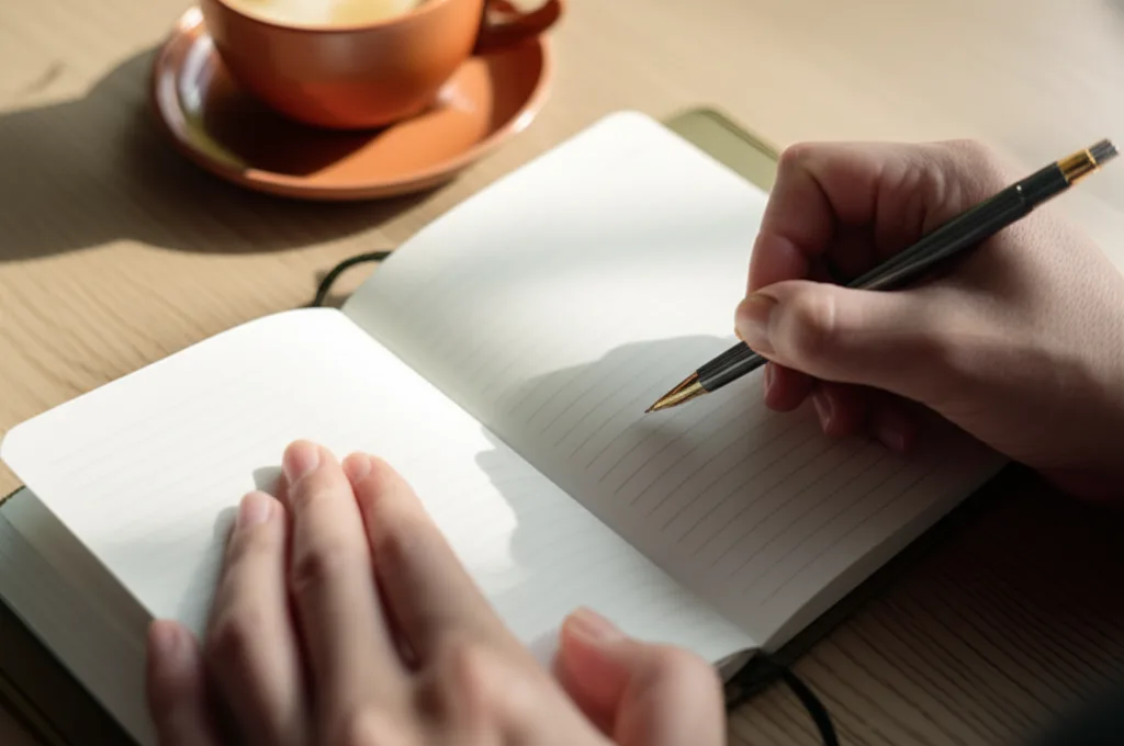 副業法人化で節税最大化｜損益分岐点と最適タイミング - 手帳にスケジュールを書き込む手元のクローズアップ、デスクの上にコーヒーカップ