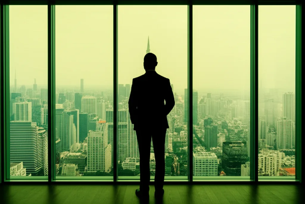 副業法人化で節税最大化｜損益分岐点と最適タイミング - 夕暮れの都心を見渡す高層ビルの窓際に立つスーツ姿のビジネスパーソン、シルエット