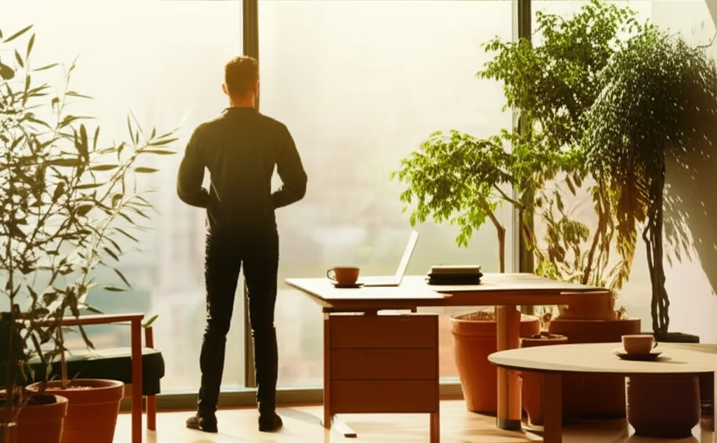 副業法人化で節税最大化｜損益分岐点と最適タイミング - 朝の光が差し込むモダンなオフィスで窓の外を見渡すビジネスパーソンの後ろ姿