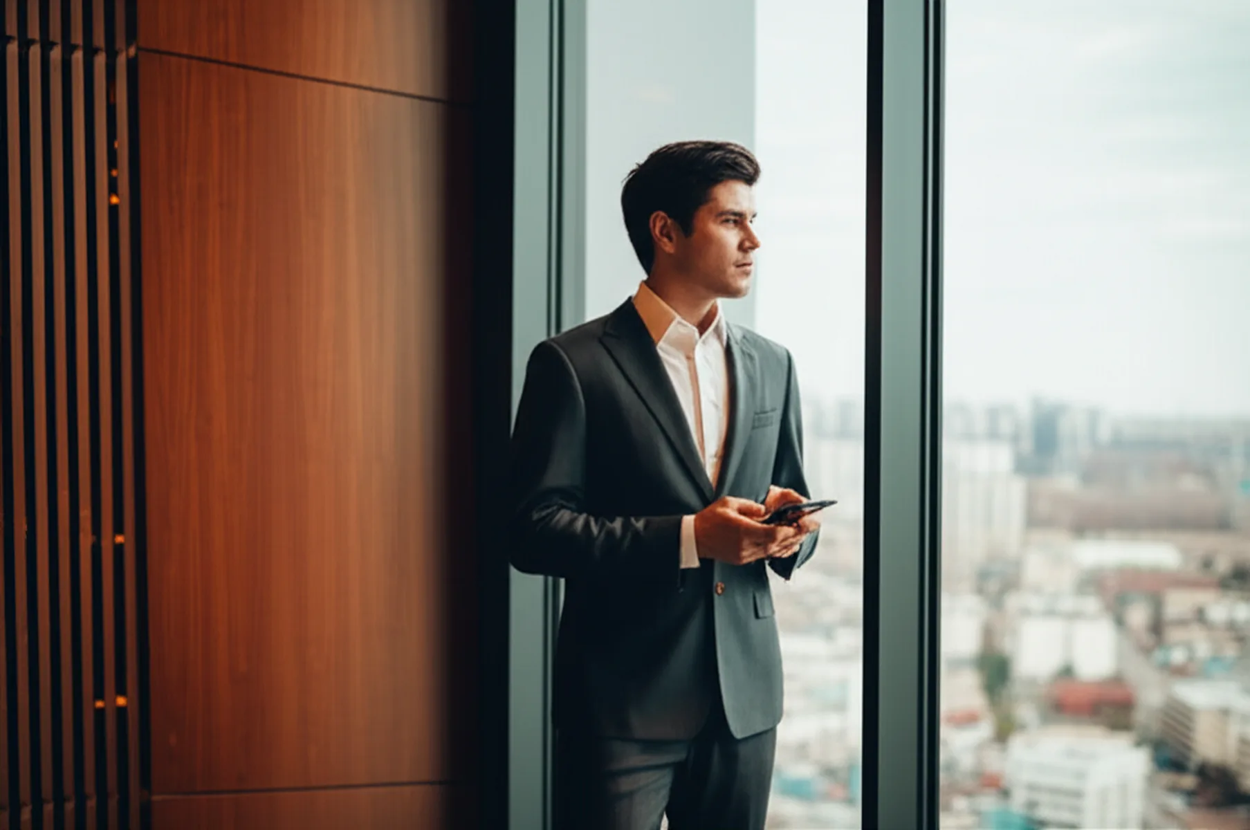 サラリーマンの会社設立で節税できる年収目安と資産管理会社の活用法 - 都心のオフィスビル群を見下ろす高層ビルの窓際で、スーツ姿の男性がスマートフォンを手に遠くを見つめてい