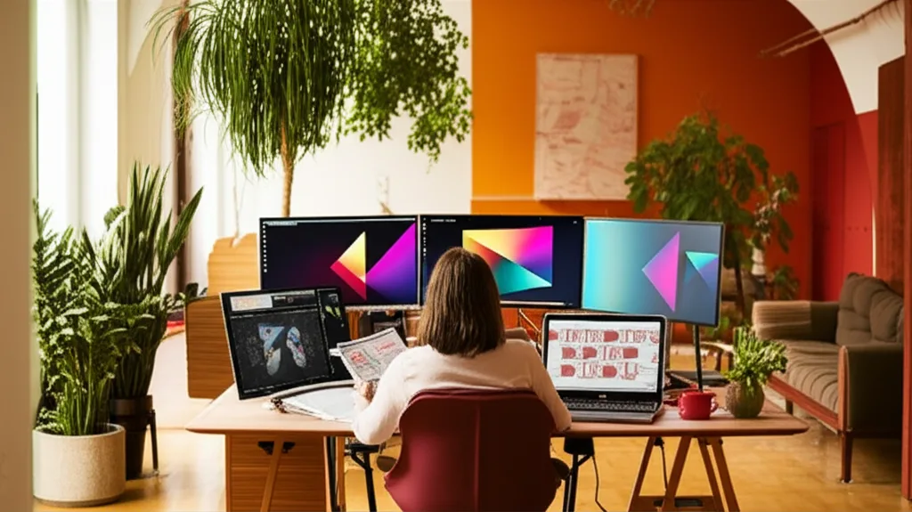 サラリーマンの会社設立で節税できる年収目安と資産管理会社の活用法 - 広々としたホームオフィスで、デスクに向かい複数のモニターを前にしながら書類を確認する40代のビジネス