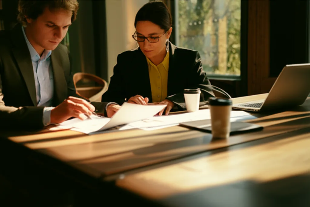 サラリーマンの会社設立で節税できる年収目安と資産管理会社の活用法 - 明るい日差しの差し込む会議室で、税理士らしき人物とスーツ姿のビジネスパーソンが書類を広げて打ち合わせ