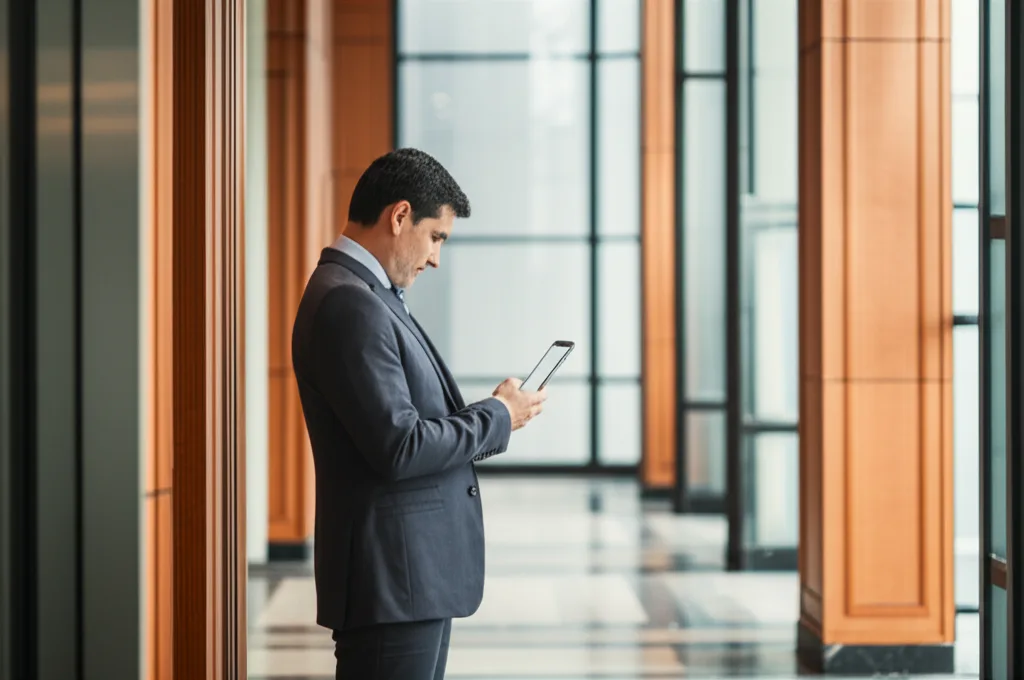 サラリーマンの会社設立で節税できる年収目安と資産管理会社の活用法 - 高層ビルのエレベーターホールで、スマートフォンを確認しながら立つスーツ姿の40代男性