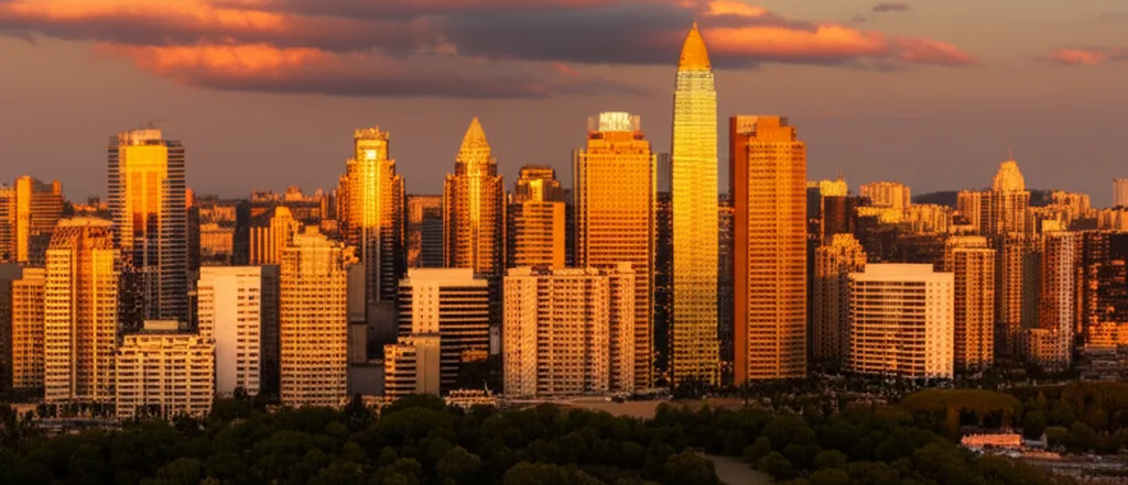 サラリーマンの会社設立で節税できる年収目安と資産管理会社の活用法 - 夕暮れ時の都市の空撮映像のような、オレンジ色に染まった高層ビル群のパノラマビュー