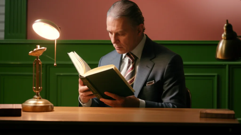 サラリーマンの会社設立で節税できる年収目安と資産管理会社の活用法 - 静かな書斎で、デスクランプの光の下、真剣な表情で本を読む50代のビジネスパーソン