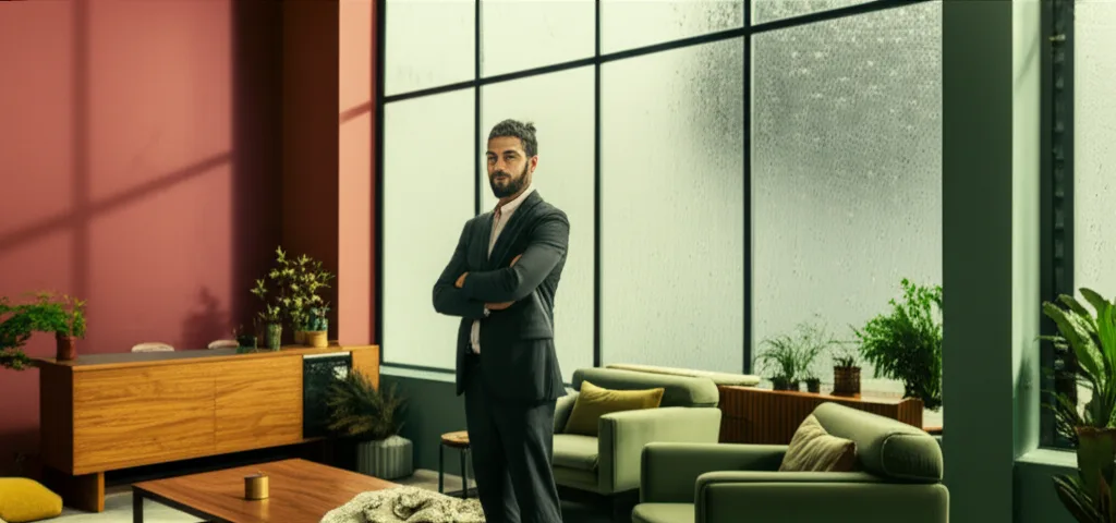 サラリーマンの会社設立で節税できる年収目安と資産管理会社の活用法 - 窓の外に雨が降る中、オフィスで腕を組んで考え込む表情のビジネスパーソン