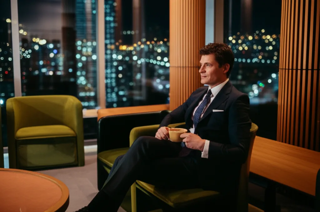 サラリーマンの会社設立で節税できる年収目安と資産管理会社の活用法 - 夜景を背景にしたラウンジで、リラックスした表情でコーヒーカップを持つスーツ姿のビジネスパーソン