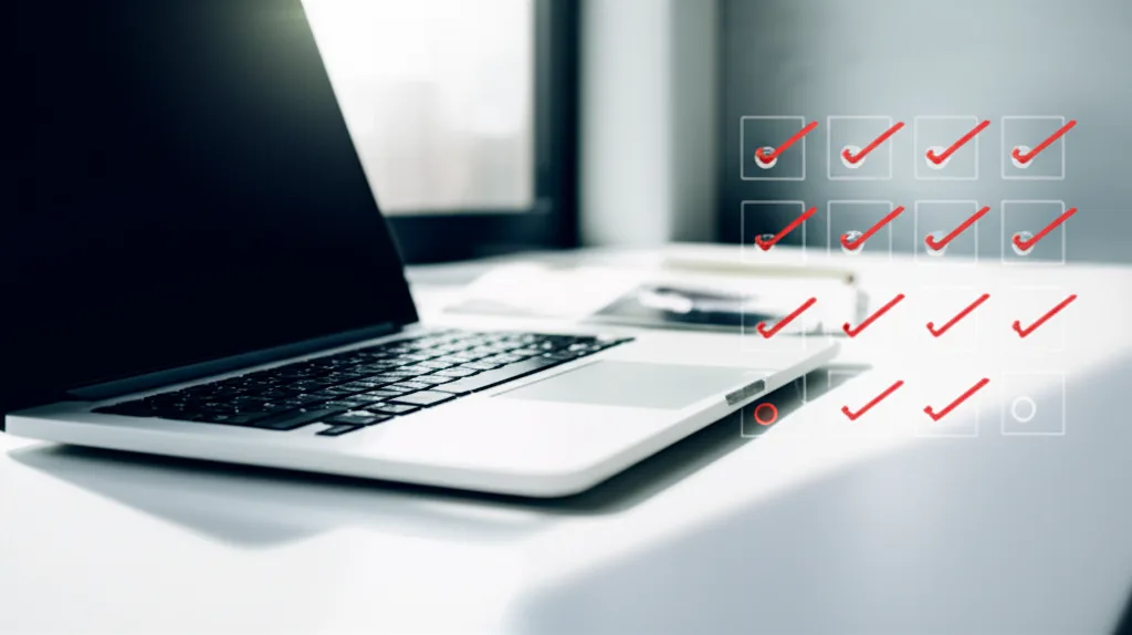 相続実家の売却で600万円差がつく!空き家特例の正しい使い方 - 明るい自然光が差し込む書斎で、チェックリストを確認しながらノートパソコンを操作している人物のシーン