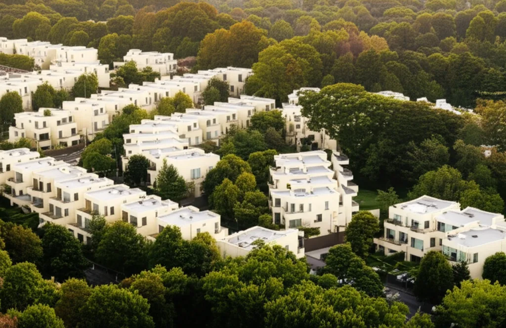 日銀利上げの本質:高属性会社員が今すべき資産防衛術 - 朝の光の中、東京の住宅街を見下ろす高台からの俯瞰写真、整然と並ぶ住宅と緑の木々