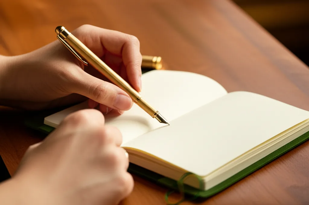 日銀利上げの本質:高属性会社員が今すべき資産防衛術 - 手帳とペンを持ち、真剣な表情でメモを取るビジネスパーソンの手元のクローズアップ、木目のデスクの上