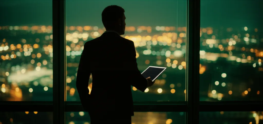 日銀利上げの本質:高属性会社員が今すべき資産防衛術 - 高層ビルのオフィスから東京の夜景を眺める、スーツ姿でタブレットを持つ40代男性のシルエット