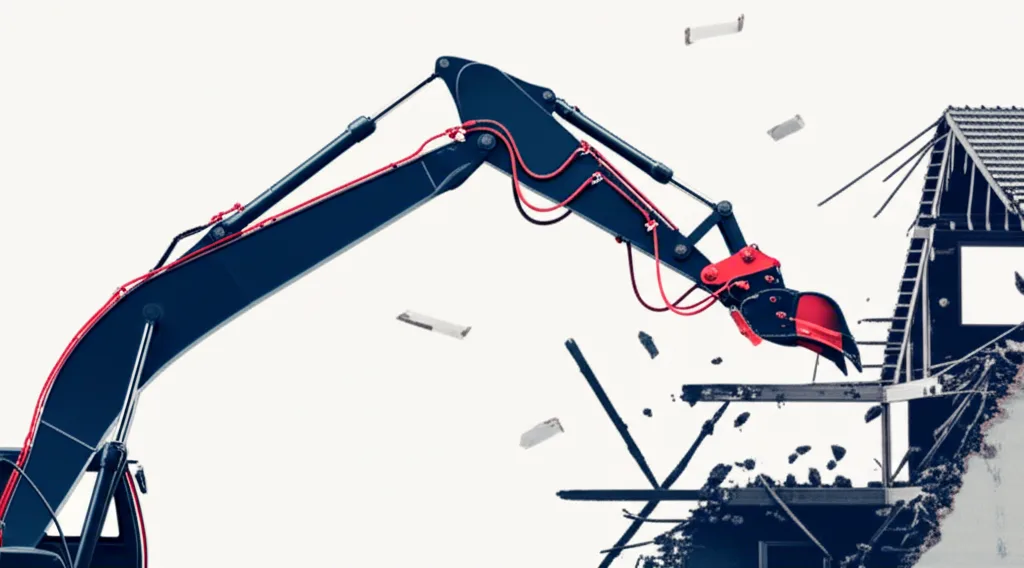 相続実家の売却で600万円差がつく!空き家特例の正しい使い方 - 住宅解体工事が進む現場で、重機が古い家屋を取り壊しているシーン